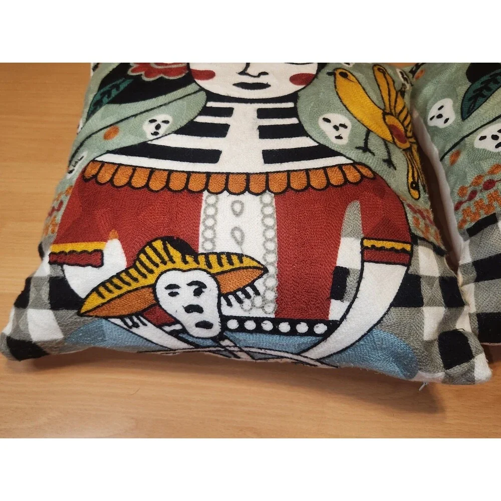 Pair Of Día de Muertos Embroidered Pillow Covers Frida Kahlo Pillows Set Of 2